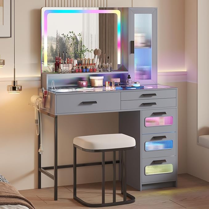 RGB Vanity Desk with Mirror and Lights, Glass Top Makeup Vanity with 6 Drawers & Wireless Charging,Vanity Table Set with RGB Cabinet Light and Jewelry Box, for Girls Bedroom,Grey