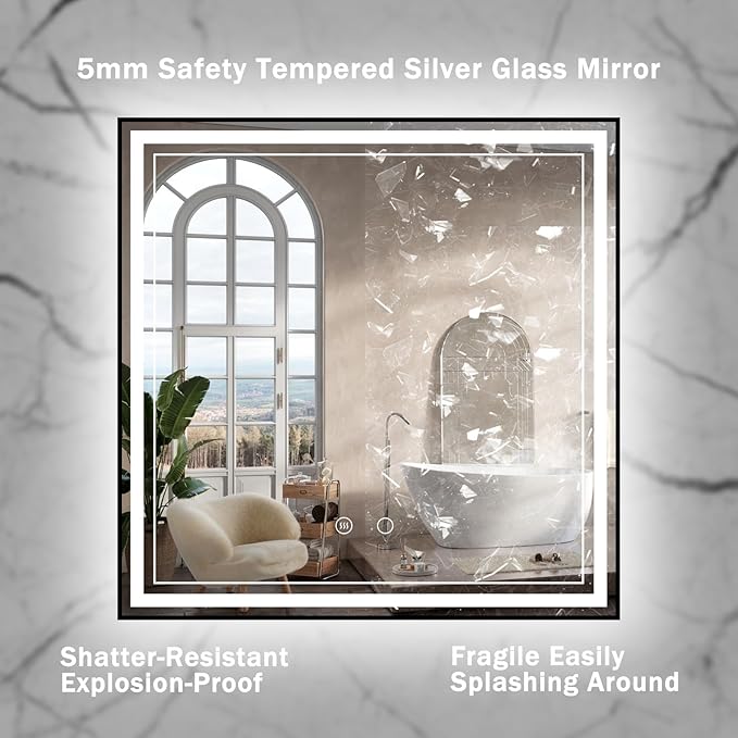 36" x 36" LED Bathroom Mirror with Lights Framed LED Mirror for Bathroom Backlit and Front Lighted Bathroom Mirror Black Square Aluminum Frame Anti-Fog Dimmable Shatter-Proof Memory