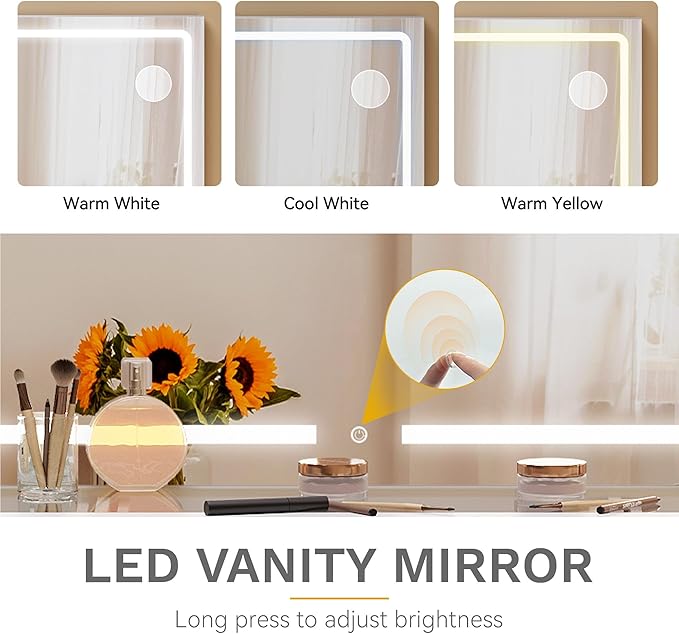 DWVO Makeup Vanity Table with Stool, Large Mirror, 10 Drawers, LED Lights with 3 Color Settings, USB & Power Outlets, Glass Top Dressing Table