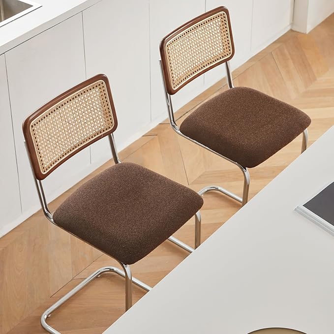 Natural Rattan Counter Height Stools Set of 2 with Solid Wood Back, 29 Inch Mid Century Modern Cesca Bar Stools, Brown Upholstery Boho Stool for Kitchen Counter with Chrome Metal Legs