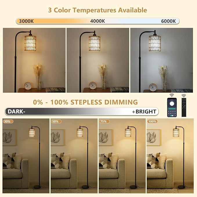 Floor Lamp with Remote, Dimmable Rattan Floor Lamp with LED Bulb, Industrial Black Tall Pole Lamp with Rattan & Fabric Shades, Boho Farmhouse Standing Lamps for Living Room Bedroom Office