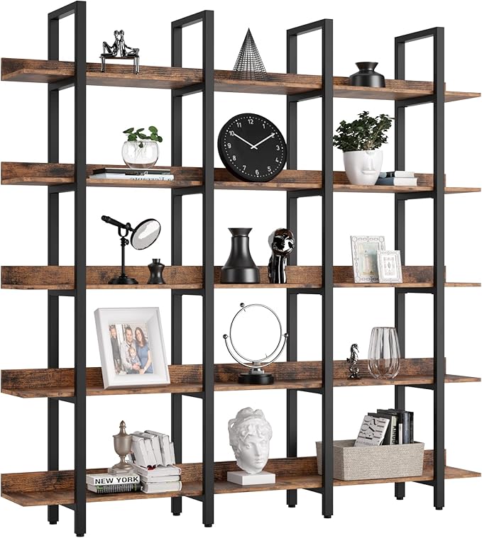 IRONCK Bookcase and Bookshelves Triple Wide 5 Tiers Large Open Shelves, Etagere Book Shelf with Back Fence for Home Office Decor, Easy Assembly, Vintage Brown