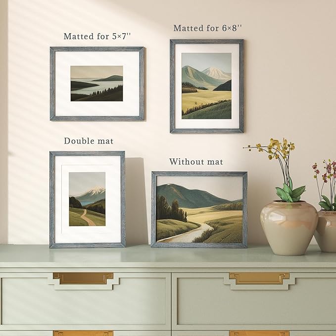 Egofine 11x14 Picture Frame Made of Solid Wood Covered by Plexiglass, Display Pictures 5x7/8x10 with Mat or 11x14 Without Mat for Table Top Display and Wall Mounting Photo Frame, Rustic Blue