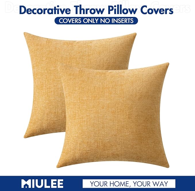 MIULEE Pack of 2 Couch Throw Pillow Covers 18x18 Inch Soft Beige Yellow Chenille Pillow Covers for Sofa Living Room Solid Dyed Pillow Cases