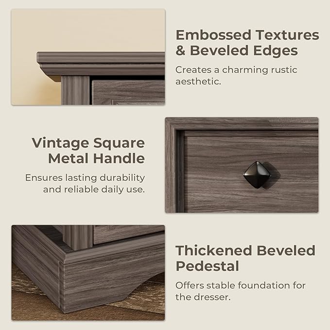 Grey Dresser, 48" Tall Dresser with Natural Texture & Metal Handles, 6 Drawer Chest of Drawers for Bedroom, Living Room, Hallway, Vintage Design