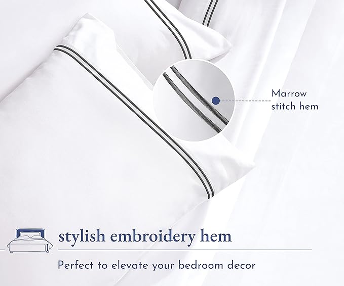 California Design Den Luxury Queen Size Sheet Set - 100% Cotton, 600 Thread Count Deep Pocket Queen Sheets, Hotel-Quality Bedding with Sateen Weave - White Embroidered Grey