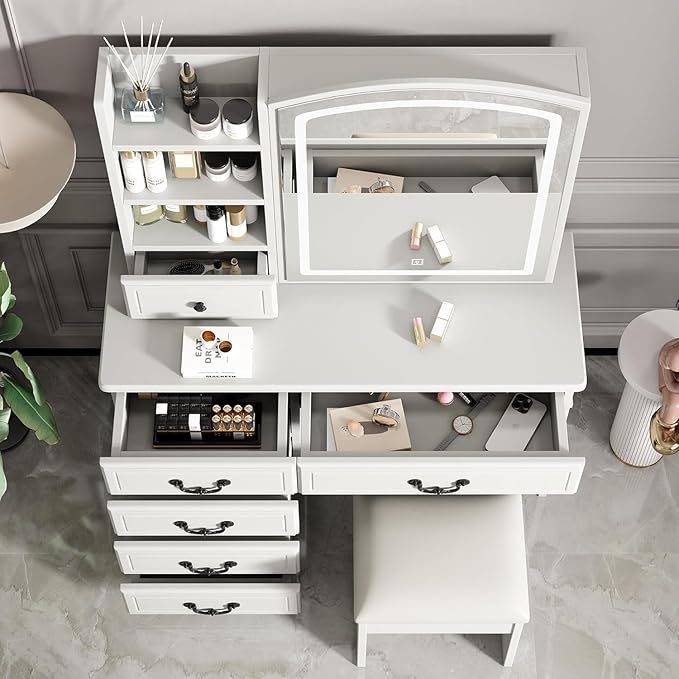 Elegant Vanity Desk with Lighted Mirror, 6 Drawer White Dressing Table Set for Bedroom, Features Adjustable 3-Color LED Lights, Perfect Makeup Vanity with Storage