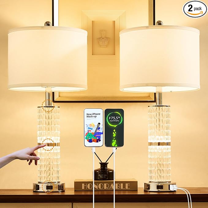 Crystal Table Lamp Set of 2, Modern Touch Lamp with Nightlight, 3-Way Dimmable Bedroom Lamp with 2 USB Ports & AC Outlets for Living Room Bedside Nightstand Lamp