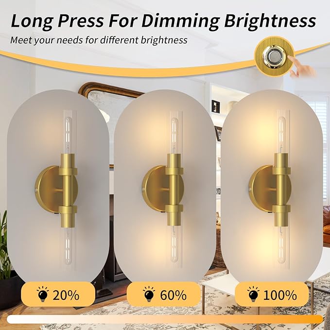 Battery Operated Wall Sconce Set of Two, Rechargeable Wall Lamp with Touch Control, Dimmable Wireless Bathroom Vanity Lights Over Mirror, Modern Wall Light for Living Room Hallway, Gold