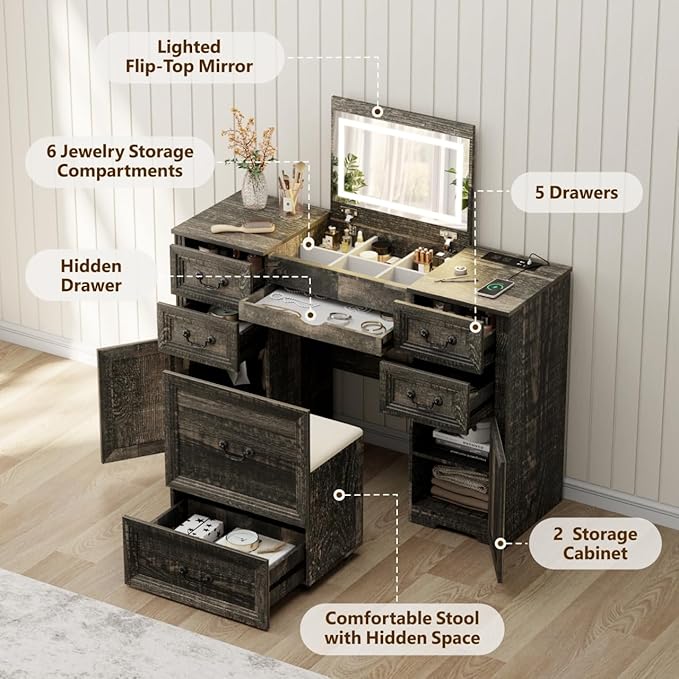 Farmhouse Vanity Desk with Flip up Vanity Mirror and Lights,Rustic Makeup Vanity with Charging Station and Hidden Drawer,Vanity Table Set with Drawers/6-Compartment/Cabinets, Rustic Oak