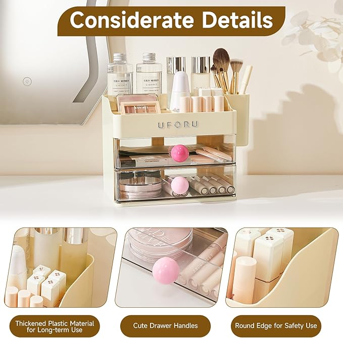 Makeup Organizer for Vanity with Brush Holder, Countertop Organizer with 2 Drawers, Spacious Cosmetic Display Case for Beauty Essential, Skincare, Lipstick