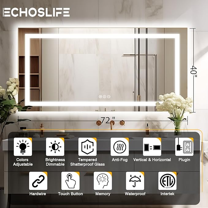 72"x40" Large LED Bathroom Mirror with Lights (Front & Backlit), Fogless, Stepless Dimmable, 3 Color Smart Mirror (Horizontal/Vertical)