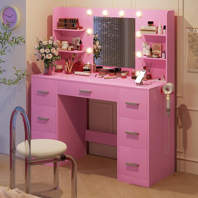 YESHOMY Vanity Desk with Mirror, Power Outlet and 10 Lights, Makeup Table with 7 Drawers, 3 Color Modes Available for Bedroom, Light Pink