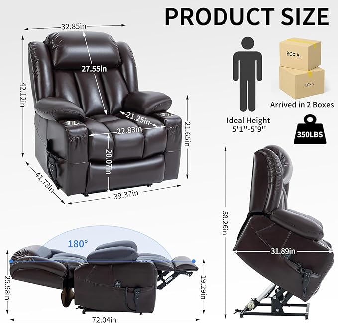 Electric Lay Flat Recliner Chair with Vibration Massage Heat for Elderly People, Power Lift Chair with Dual Motor Cup Holders, Faux Leather Red Brown