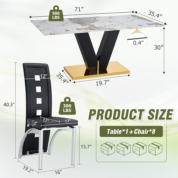 71'' Dining Table Set for 8,Rectangular Dining Room Table Set for 8,Marble Dining Table with 8 PU Leather Dining Chairs,Gold Dining Room Table with Glossy V-Shaped Base Ideal for Kitchen