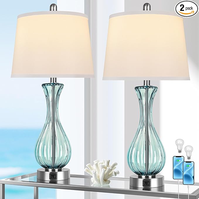27.5" Coastal Glass Table Lamp Set of 2, 3-Way Dimmable Full Touch Control Beach Lamp with USB A+C Port, Blue Glass Nautical Bedside Lamp with White Shade for Living Room Bedroom(LED Bulbs Included)