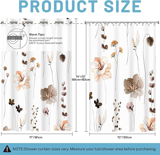 No Hook Shower Curtain with Snap in Liner - Floral Shower Curtain - Fabric Waterproof Inner Liner, Plants Watercolor Brown Modern Cloth Shower Curtains - Machine Washable, 71 x 74