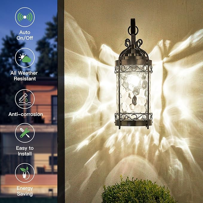 Large Dusk to Dawn Sensor Outdoor Wall Sconce,19.68" H Vintage Exterior Light Fixture with IP65 Waterproof,Classical European Style Porch Light with Water Glass for Front Door Balcony Porch