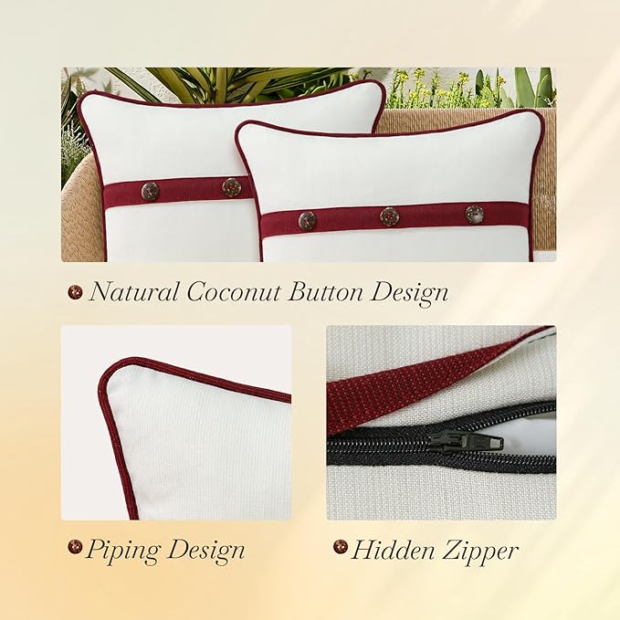 Outdoor Sunbrella Decorative Pillows with Triple Coconut Buttons Pack of 4, 16" x 16" Outdoor Pillow Set for Couch Bed Throw Patio Sofa, Spectrum Eggshell/Spectrum Ruby
