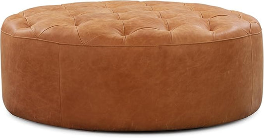 Poly & Bark Ascot Ottoman – 40" Round Pouf with Feather-Down Topper – Full-Grain Leather Upholstered Pouf Ottoman for Living Room – Vintage Italian Leather in Cognac Tan