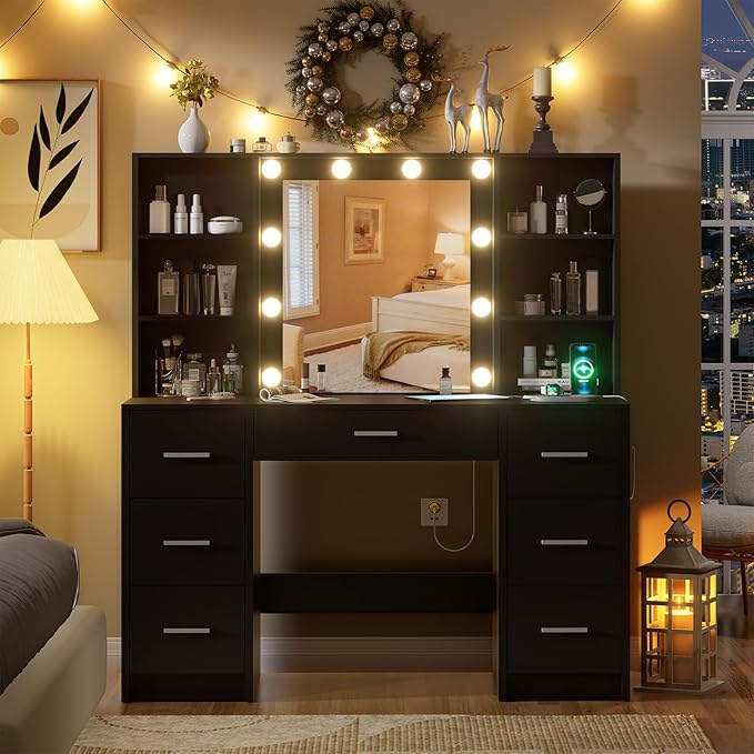Large Vanity Desk with Mirror, 10 Lights and Power Outlet, Makeup Vanity with Shelves and 7 Drawers, Vanity Desk Dressing Table with 3 Color Light Adjustable, Vanity Table for Bedroom (Black)