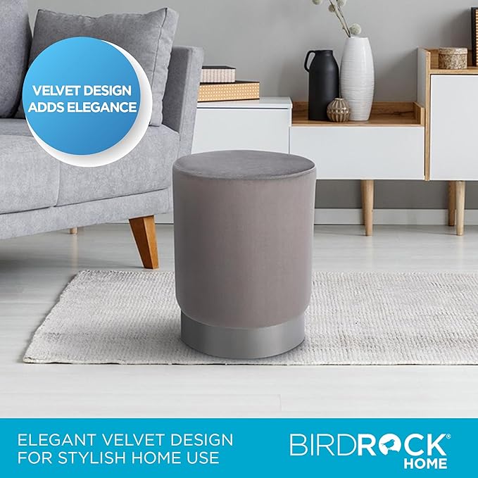 BIRDROCK HOME Round Ottoman Foot Stool – Soft Padded Modern Stool Design – Ideal for Living Room, Bedroom – Compact Footrest, Vanity Chair, Small Furniture – Foam Seating, Decorative Accent (Grey)