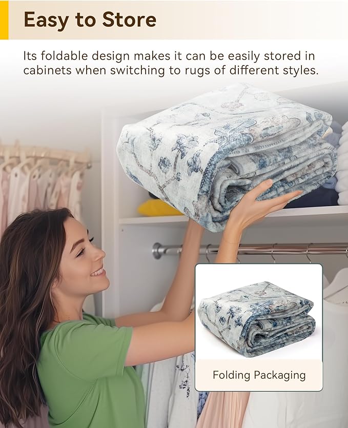 Area Rugs 2'x8' Washable Non-Slip, Floral Vintage Distress Print Pattern Medallion Carpet for Living Room Bedroom Dining Room, Light Blue Navy Beige Gray White