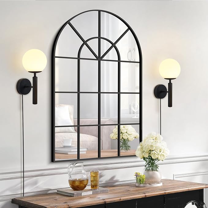 KCO Lighting Plug in Wall Sconce Light Black Vintage Industrial Wall Light White Glass Shade Bedside Wall Lamp for Bedroom Stairs Hallway(Black Plug in)