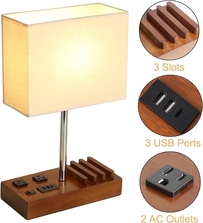 Briever USB Table Lamp, Multi-Functional Bedside Desk Lamp with 2 AC Outlets, 3 USB Charging Ports and Wooden Phone Stands, Modern Nightstand Lamp for Bedroom, Guest Room, Office