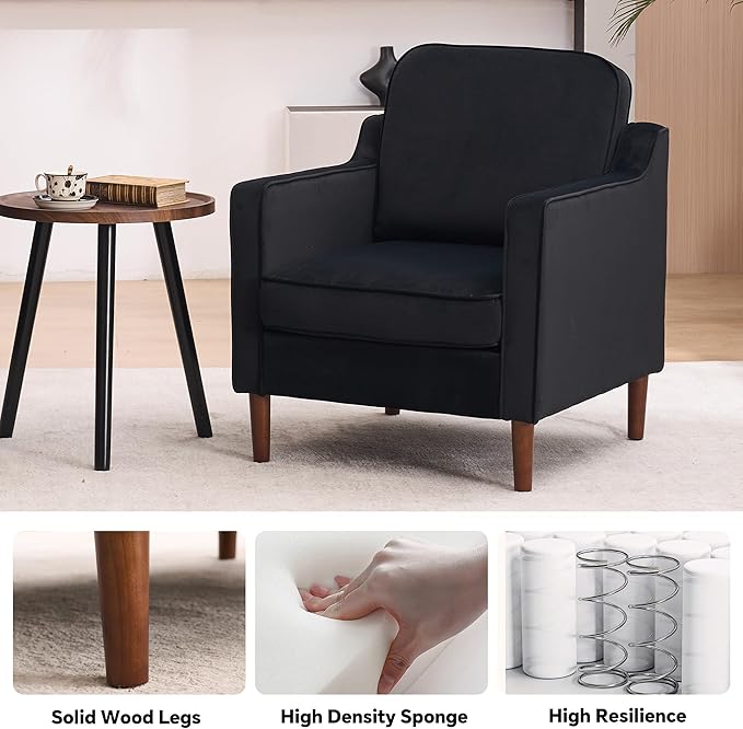Mid Century Modern Accent Chair, Upholstered Reading Armchair for Living Room, Velvet Comfy Sofa Chair with Wood Legs for Bedroom, Office, Waiting Room, Black