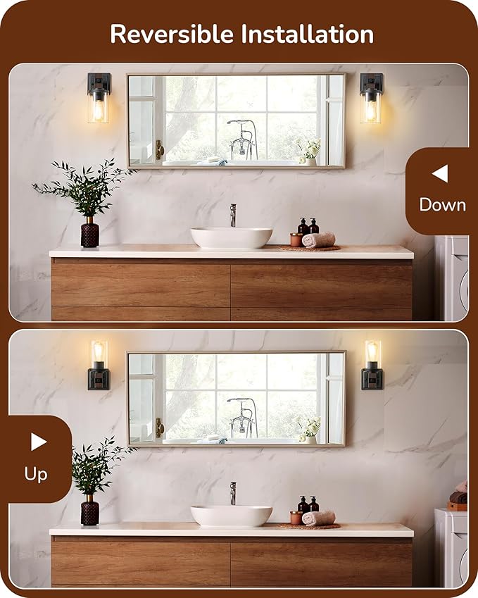 EDISHINE Wall Sconces Set of 2, Farmhouse Vanity Light Fixtures with Clear Glass Shade & Dark Brown Wood Grain Paint, 1-Light Wall Mount Lamp for Bathroom, Hallway, Living Room, Mirror, Kitchen