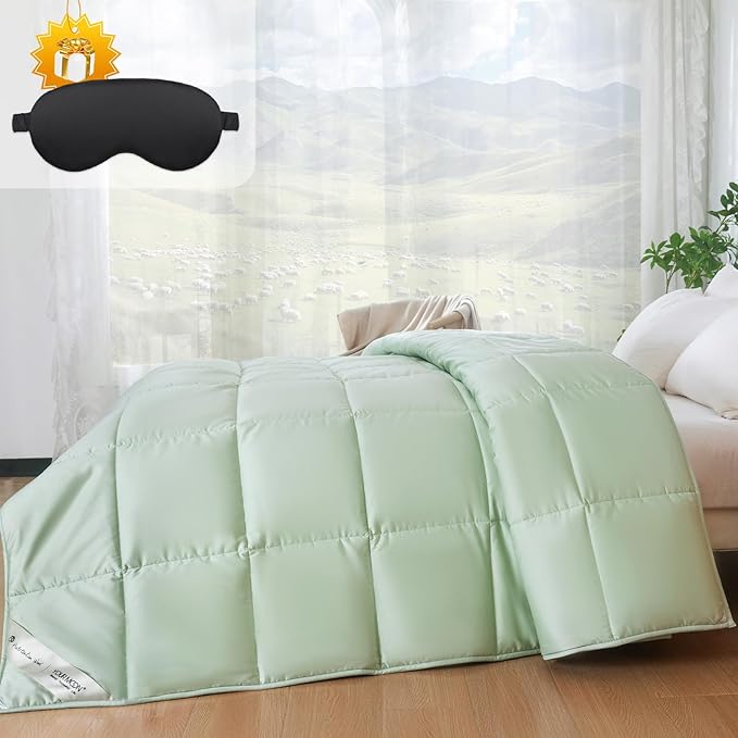 YOUR MOON Luxurious All Season Wool Comforter Twin Size, 100% Natural Australian Wool Filling, Hypoallergenic Comforter Duvet Insert, Noiseless Cotton Shell (Green)