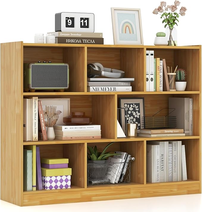 NAFORT 8-Cube Organizer Storage Cabinet, 3-Tier Bookshelf,Low Displaycase, Wooden Bookcase for Bedroom/Preschook/Classroom/Office, Burlywood