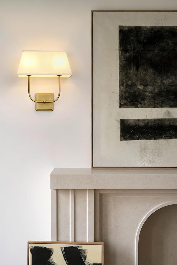 Vintage 2-Lights Wall Sconces with White Fabric Lampshade, Double Head Bathroom Vanity Lights Fixture in Antique Brass, Indoor Wall Lamps for Bedroom Living Room Hallway Stairway