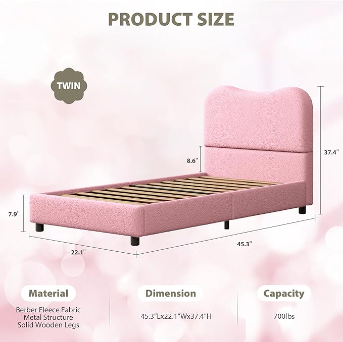 GarveeHome Twin Bed Frame for Kids with Velvet Upholstered Headboard, Cute Low Profile Platform Bed for Girls and Boys, No Box Spring Needed, Strong Wooden Slats, Noise Free, Easy Assembly, Pink