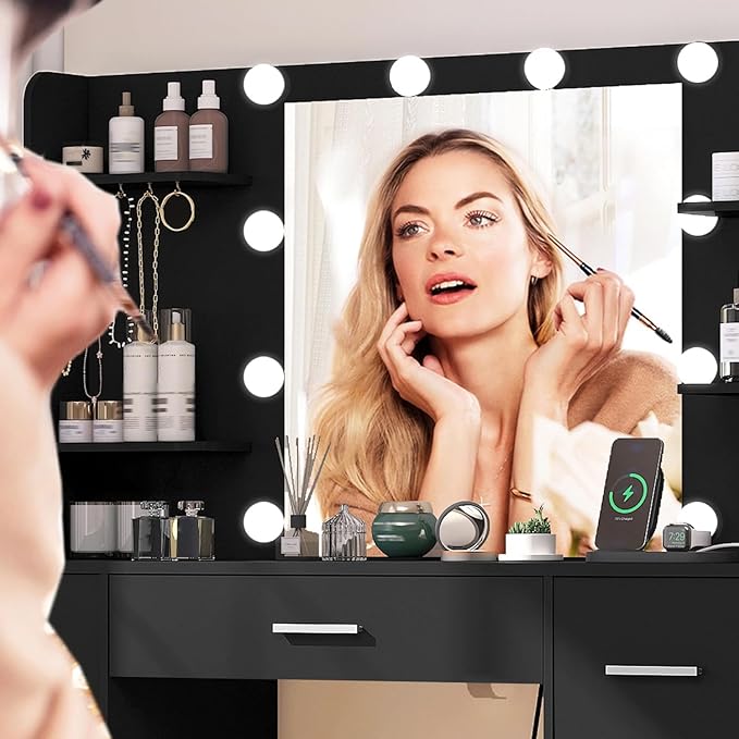 Large Makeup Vanity, 42.1" Vanity Desk with Mirror and Lights, Makeup Vanity Table with 7 Drawers, 4 Shelves, 5 Jewel Hooks & Power Strip, Vanity Desk Set for Bedroom, White