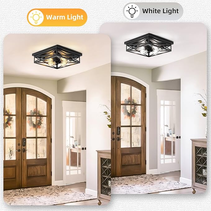 2 Pack Flush Mount Ceiling Light Fixture, Black Hallway Light, Metal Cage Closed to Ceiling Mounted Lights, 4-light Farmhouse Flush Mount Light Fixture for Bedroom Hallway Entryway E26 Base 13in