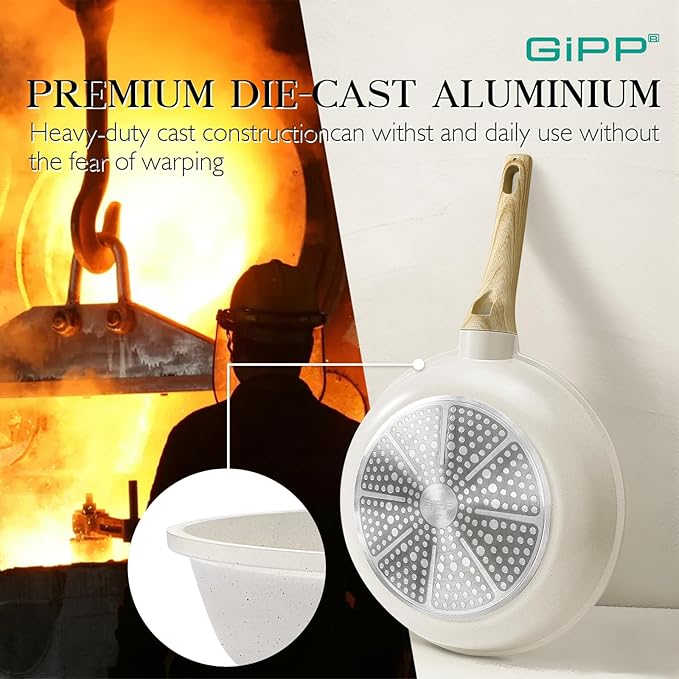 GiPP Pots and Pans Set Non Stick - 14 Pcs White Granite Kitchen Cookware Sets Nonstick Induction Cookware Cooking Pan Set with Frying Pans, Saucepans and Silicone Utensils, PFOS & PFOA Free