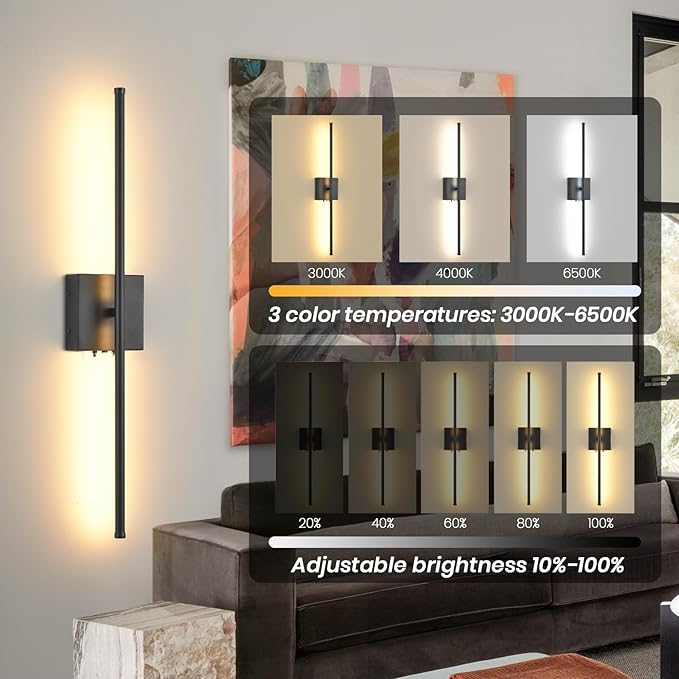 Battery Operated Wall Sconces with Remote Control, 11000mAh LED Wireless Rechargeable Black Wall Lights, 350°Rotate Dimmable Wall Lamp, 3 Color Temperatures, for Bedroom, Living Room, Hallway, 2 PCS