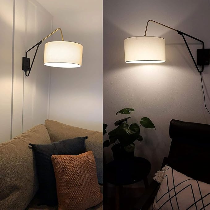 HOLKIRT Bedroom Swing Arm Wall Lamp Bedside Wall Sconce,Plug in/Wall Mount + Off-White Fabric Shade 13.77 Inch