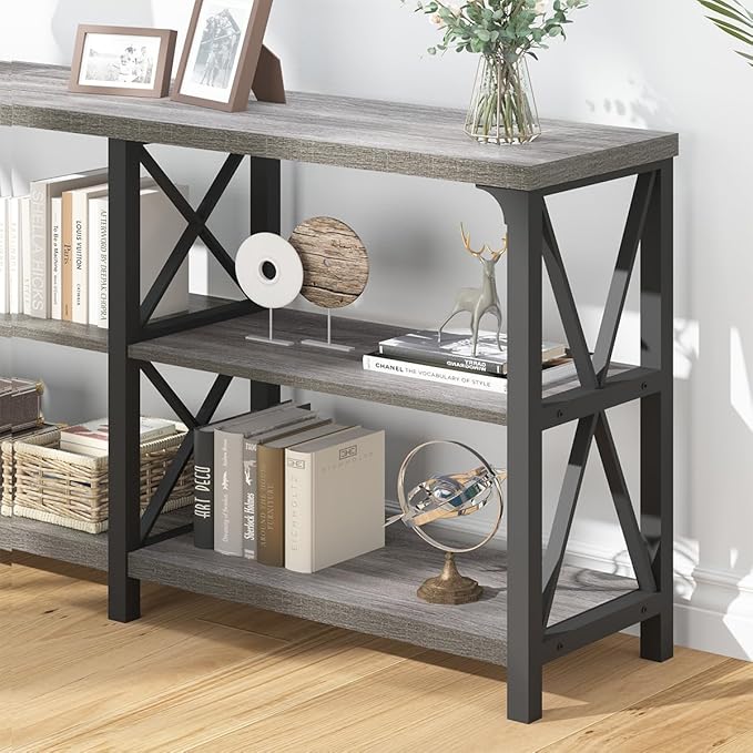 IBF Long Entryway Console Table, Industrial Metal Wood Entry Table with Storage Shelves, Modern Rustic 3 Tier Sofa Table for Entry Way Hallway Behind Couch Living Room Bedroom, Light Grey Oak, 63 Inch
