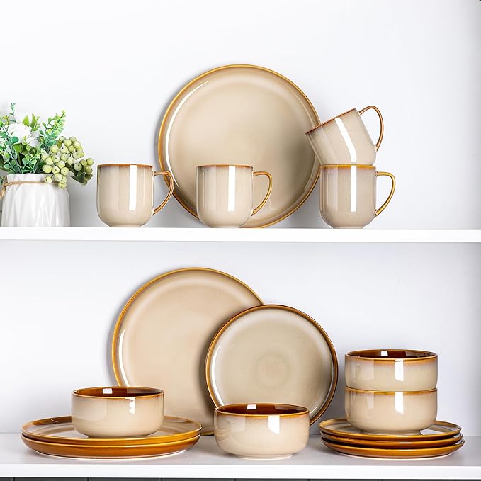 LERATIO Ceramic Dinnerware Sets for 4,16-PieceReactive Glaze Plates and Bowls Set with Mugs,Highly Chip and Crack Resistant | Dishwasher,Microwave & Oven Safe Dishes set-Kahki