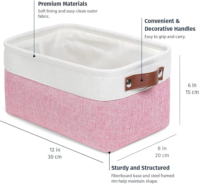 OrganiHaus Small Fabric Storage Baskets for Shelves 3 Pack, 12x8in Closet Storage Bins for Shelves, Cloth Baskets for Organizing, Linen Closet Organizers, Fabric Basket, Pink/White