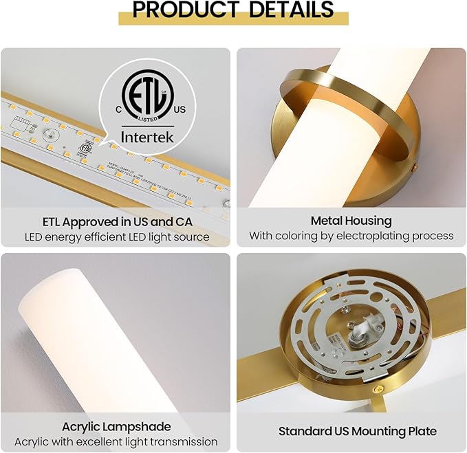 Gold Wall Sconces Set of Two - 18 inch Dimmable Modern Sconces Wall Lighting 18W 3000K LED Wall Lights Acrylic Lampshade Hardwired Wall Light Fixtures for Living Room Bedroom Bathroom Hallway