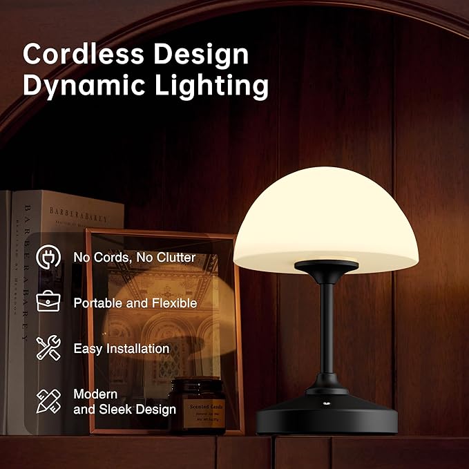 Mushroom Lamp Table Lamp Waterproof,Desk Cordless Battery Operated Lamps for Bedroom,Outdoor Cordless Rechargeable Table Lamps for Night Stands,5000mAh LED Night Light for Living Room(Black)