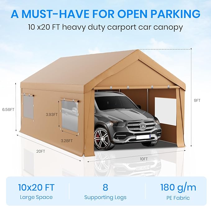 Carport 10x20 Heavy Duty Portable Garage,Carport Canopy with Roll-Up Windows & Doors,Portable Garage and Shelter with Removable Sidewalls,Car Tent Garage with All-Season Tarp for Bike Lawnmower Truck