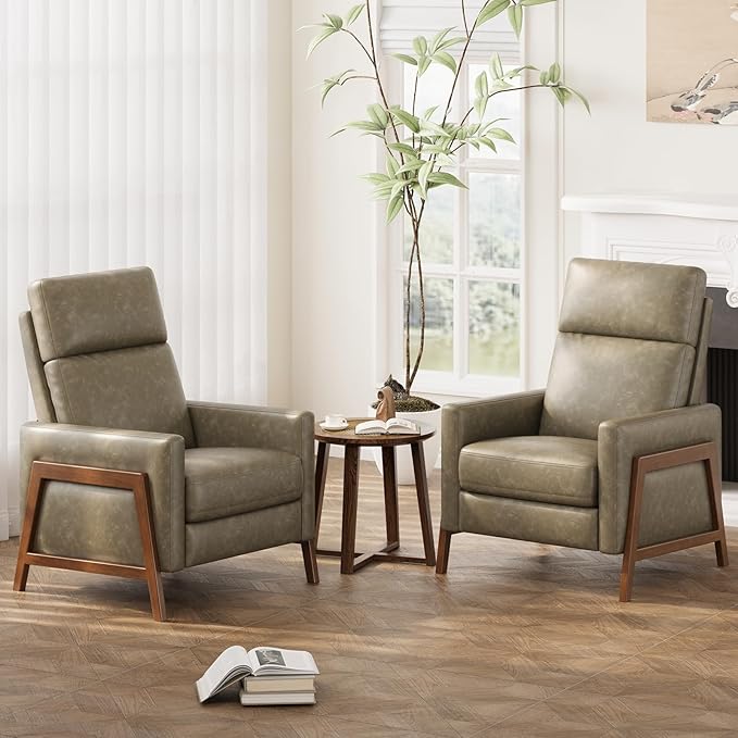 COLAMY Push Back Recliner Chair Set of 2,Mid Century Modern Wingback Chair, Comfy Armchair PU Leather Living Room Chairs with Wood Legs Reclining Chair Adjustable, Grey