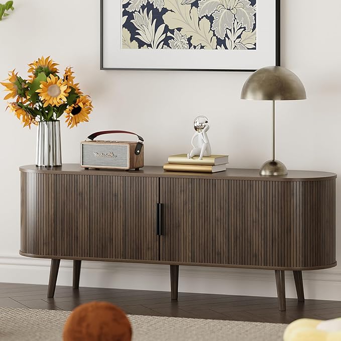 Fluted TV Stand Mid Century 59" TV and Media Console Table with Storage Shelf Sliding Door Modern Entertainment Center for Living Room, Bedroom fit 32"- 65" TVs (Rustic Brown, 59")