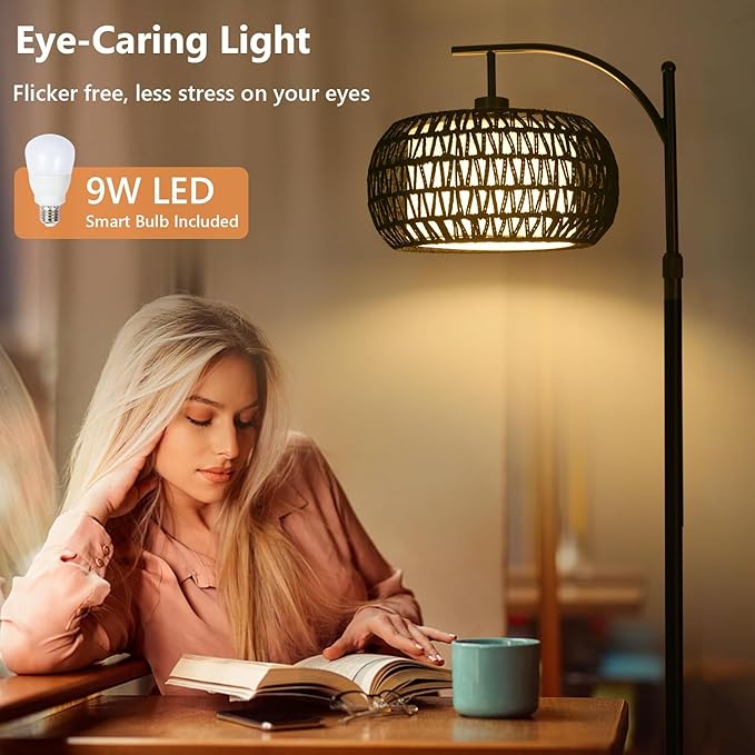 Arc Floor Lamp with 3 Color Temperatures,Black Floor Lamp with Remote Control, Boho Standing Lamp with Rattan Wicker Shades, Farmhouse Tall Pole Lamp for Living Room Bedroom