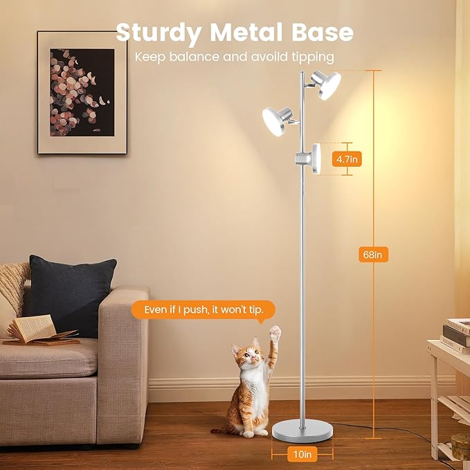 36W LED Tree Floor Lamp, Modern Dimmable Standing Lamp with Remote & Touch Control, 4 Color Temperatures, 3 Rotatable LED Light Floor Lamps for Living Room, Bedroom, Office
